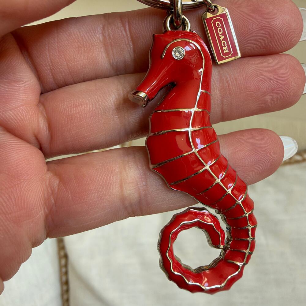 RARE Y2K Coach Red Enamel Seahorse Crystal Eye Bag Charm Keychain NWOT
